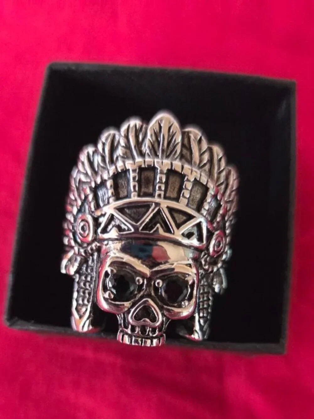 Native American Chief Skull Ring Size 14, CZ Eyes, Indian Head Skull Ring Mens